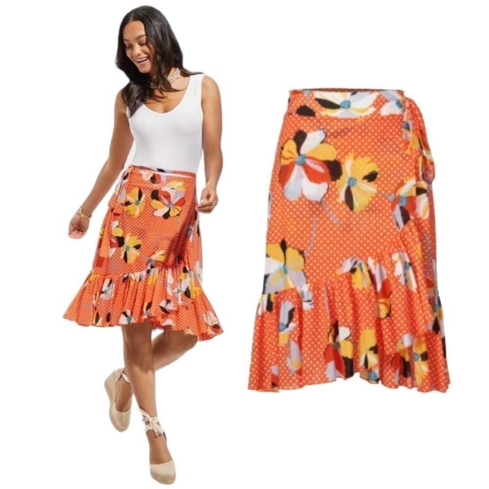 Cabi Polka Dot Floral Mix Print Ruffle Hem Wrap Skirt 6199 Small
